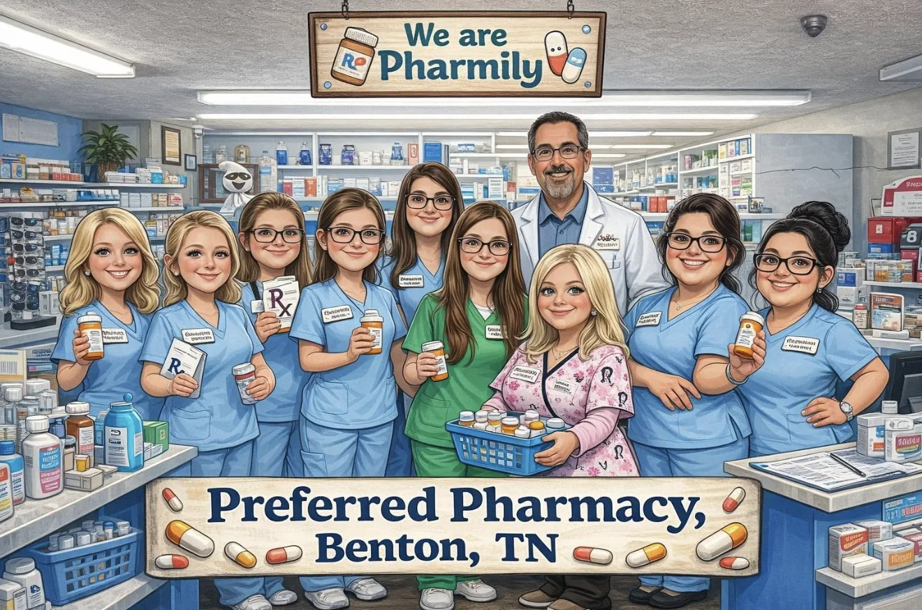 Illustrated Preferred Pharmacy Benton team gathered inside the pharmacy beneath a We are Pharmily sign